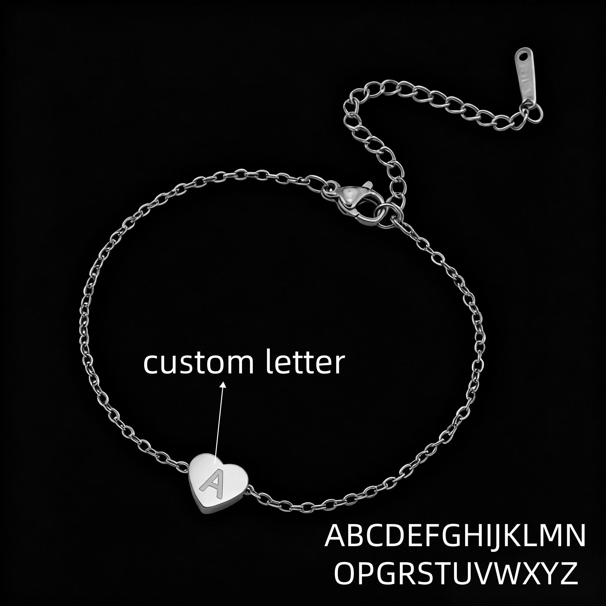 Custom Heart Initial Letter Bracelet For Women Girl Child Personalized Stainless Steel Name Heart Charm Bracelet Birthday Gift silver color&11cm