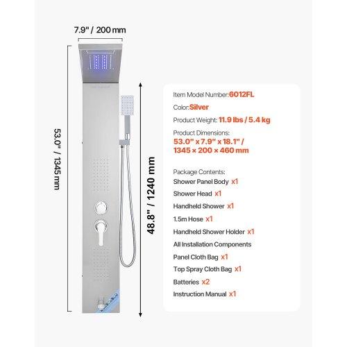 VEVOR Shower Panel Tower System with Rainfall Waterfall Shower Head, LED, 53 In Brushed Stainless Steel Shower Column, 5-Function Faucet