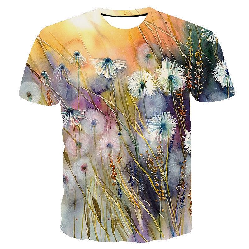 Oil Painting Series Digital 3D Printed Women's Short Sleeve T-shirt Flower Abstract Round Neck T-shirt