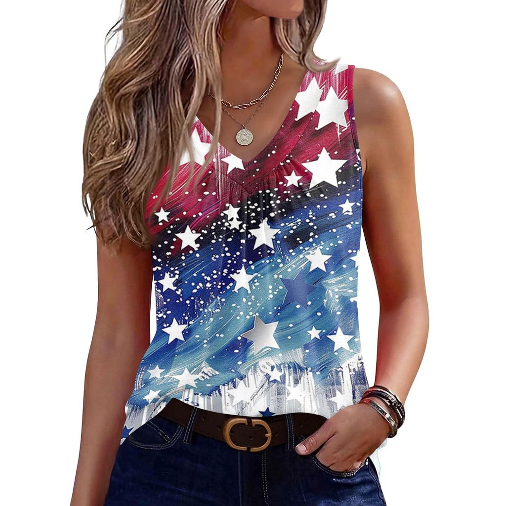 V-Neck Tank Top Women Print Tank Tee Casual Loose Fit Sleeveless Shirt