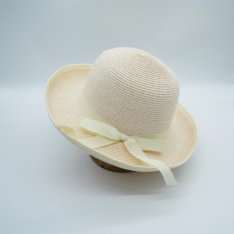 Small Fresh Bow Beige Curled Edge Small Straw Hat Women'S Summer Sunshade Sunscreen Vacation Beach Sun Hat Tide