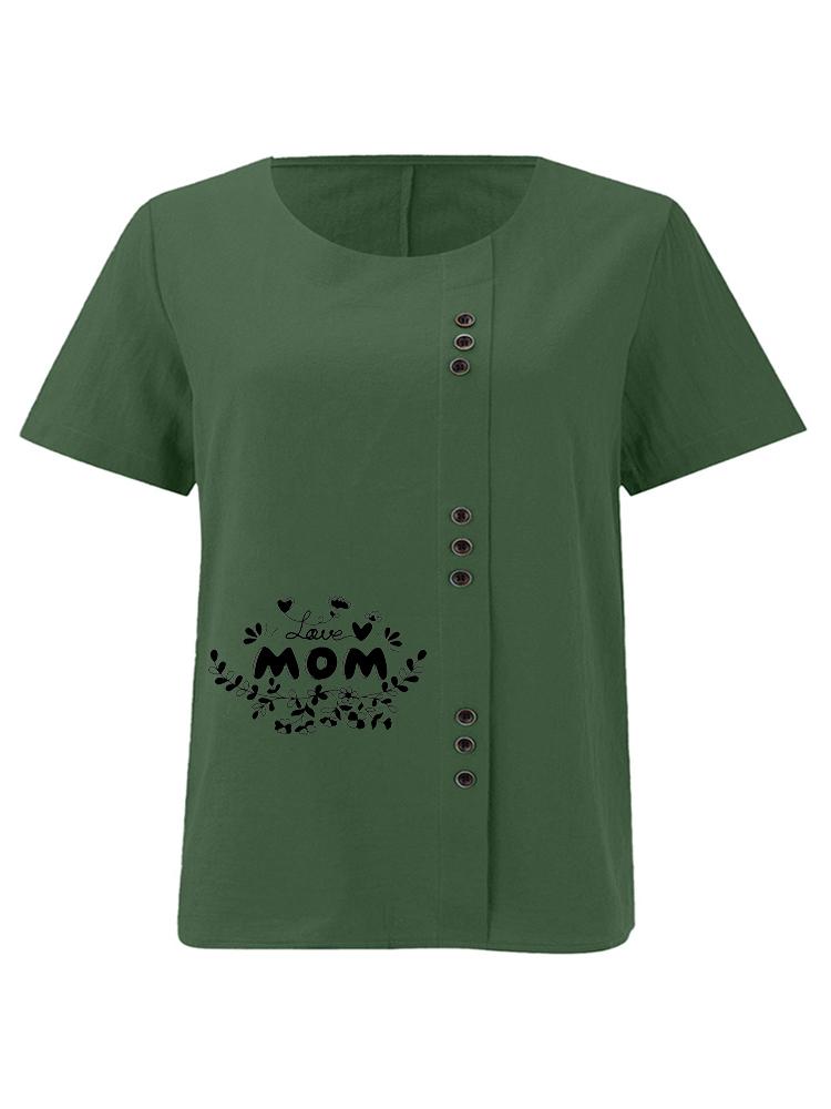 Women's Fashion Black Letter Floral Pattern Print Round Neck Short Sleeve T-shirt Summer Casual Cotton Linen Graphic Shirt Leisure Loose Blouse Tops