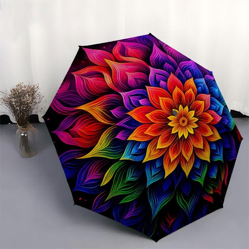 Vibrant Rainbow Lotus Mandala Wall Art Decor Umbrella, Cute Umbrella with Cute Design, Portable 3-Fold Compact Umbrella for Men & Women, Valentine's D