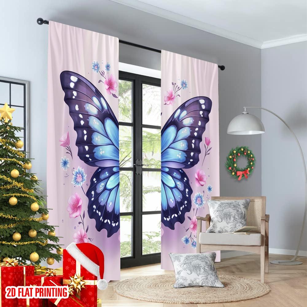 Set Of 2 Flat Printing Party Curtains Sparkle Butterfly Flower Floral Digital Printed Polyester Drapes Festive Wall Decor Curtain