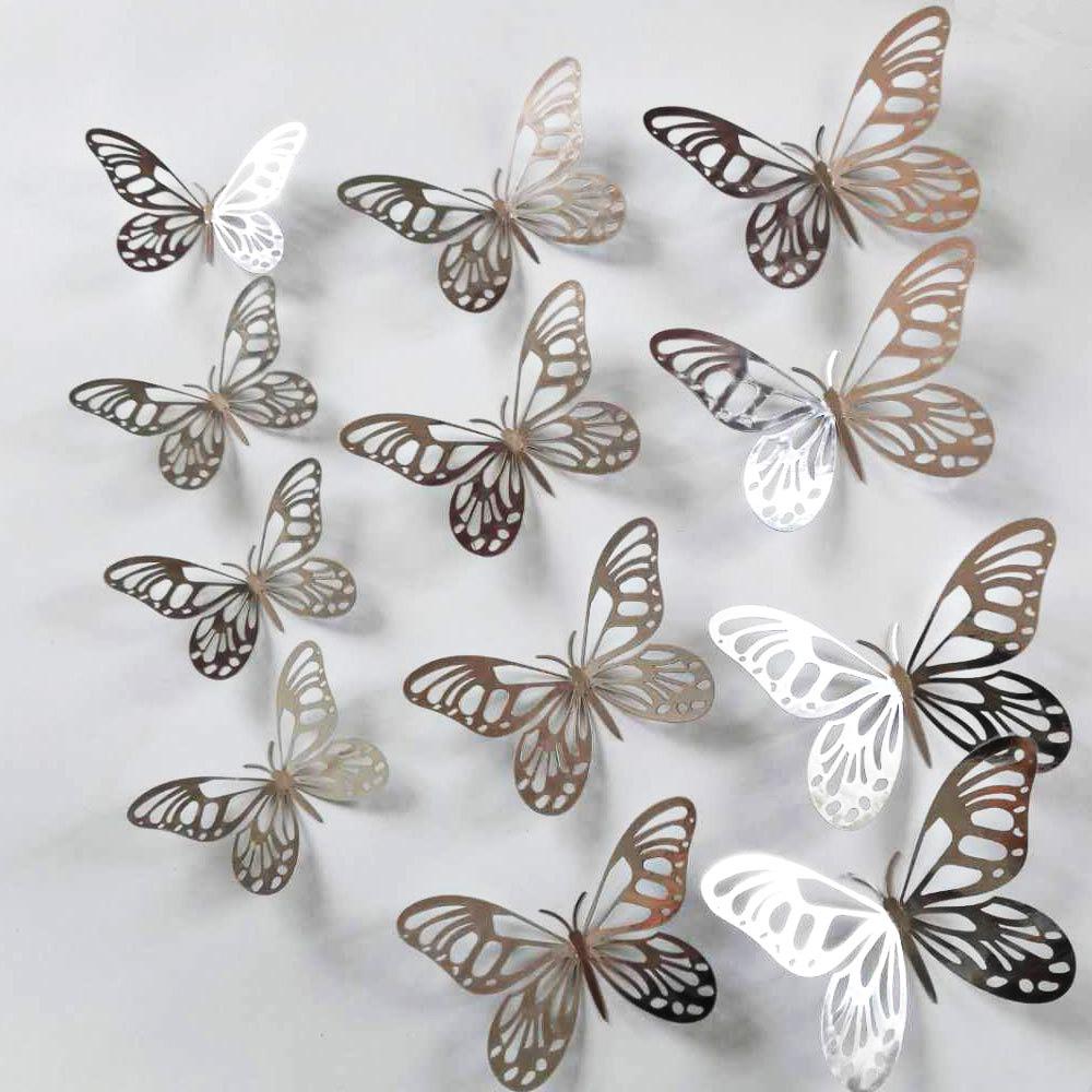 12Pcsset Gold Silver Hollow Butterfly Wall Stickers 3D Butterflies Bedroom Living Room Home Decoration Applique Wedding Decor