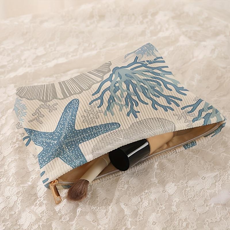 1pc Starfish Coral Shell Pattern Printed Corduroy Makeup Bag Lightweight Zipper Makeup Bag Multi Functional Makeup Storage Bag