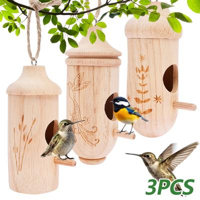 3 Pcs Hummingbird House Wooden Hanging Bird House with String Handmade Nest Wild Bird House for Outdoor Yard Garden Decoration