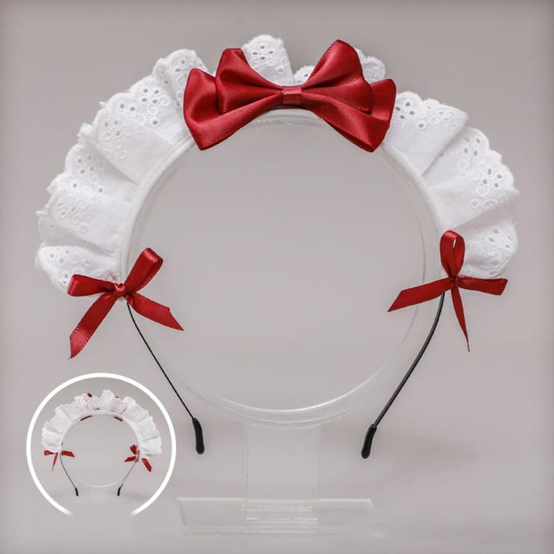 Lovely Sweet Hairband Anime Maid Cosplay Headband Lolita Ruffled Lace Headwear Handmade Satin Bowknot Hair Accessory