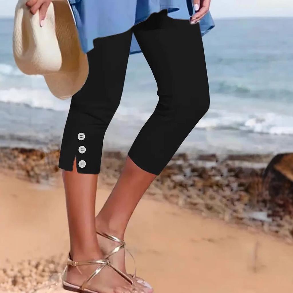 women's Solid Color Elastic Mid Waist Capri Leggings Button Slit Slim Fit Cropped Pants