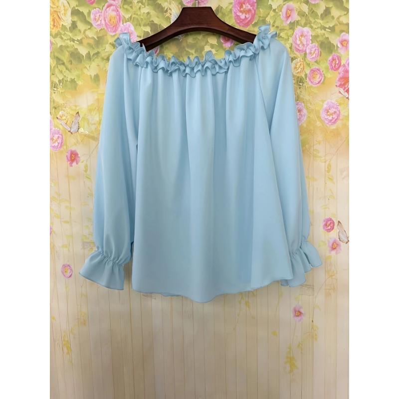Elegant Fashion Casual Off-the-shoulder Women Blouse Long Sleeved Loose Simple Ruffled Shirt Office Ladies Tops Solid Color Tops