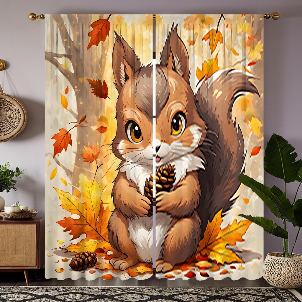 2 pieces of HD autumn wind leaves holding pinecone small squirrel curtain Yellow digital printing curtain home decoration style