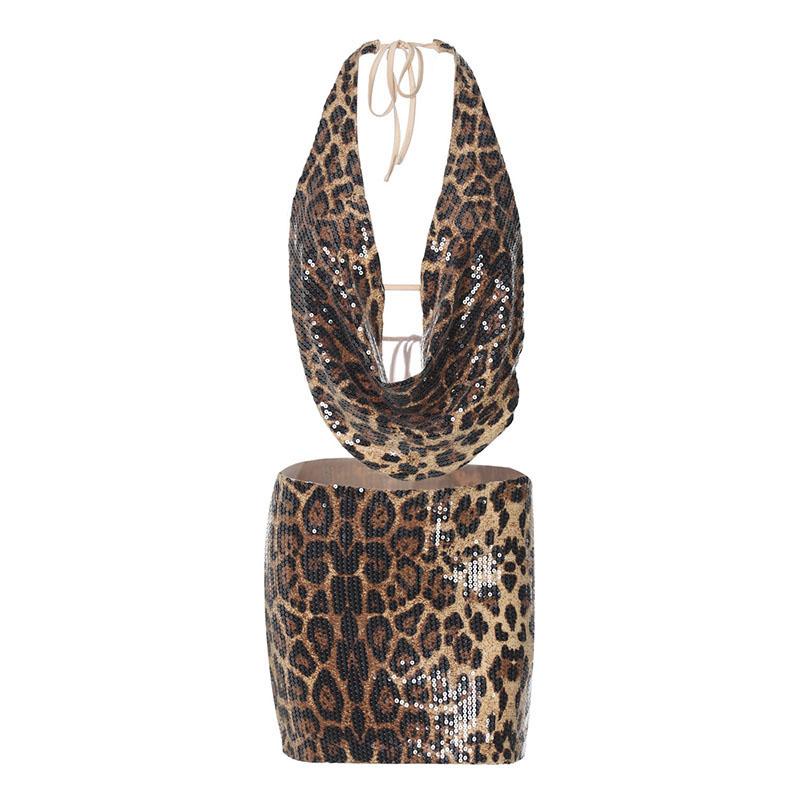 2026 New Leopard Print Sequin Backless Halter Top and Mini Skirt Two Piece Set Women Sexy Going Out Club Outfitsnight Club Suits