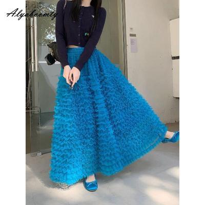 2026 French Style Spring Summer Women Princess Skirt High Waist Beige Black Blue Layered Ruffles Skirt Elegant Feminine Maxi Long Party Skirt