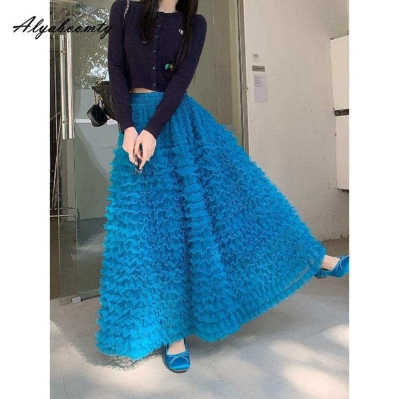 2026 French Style Spring Summer Women Princess Skirt High Waist Beige Black Blue Layered Ruffles Skirt Elegant Feminine Maxi Long Party Skirt