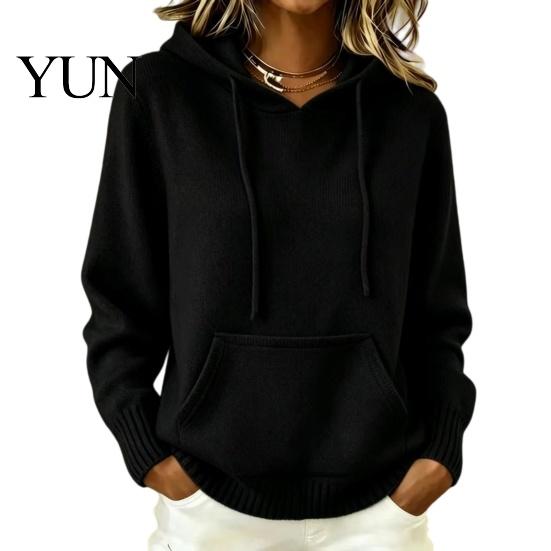 Daily Wear Hoodie Women Knit for Fall Winter, Long Sleeve Pullover Sweater Cozy Autumn Outerwear with Front Pocket, Solid Color Casual Hooded Top