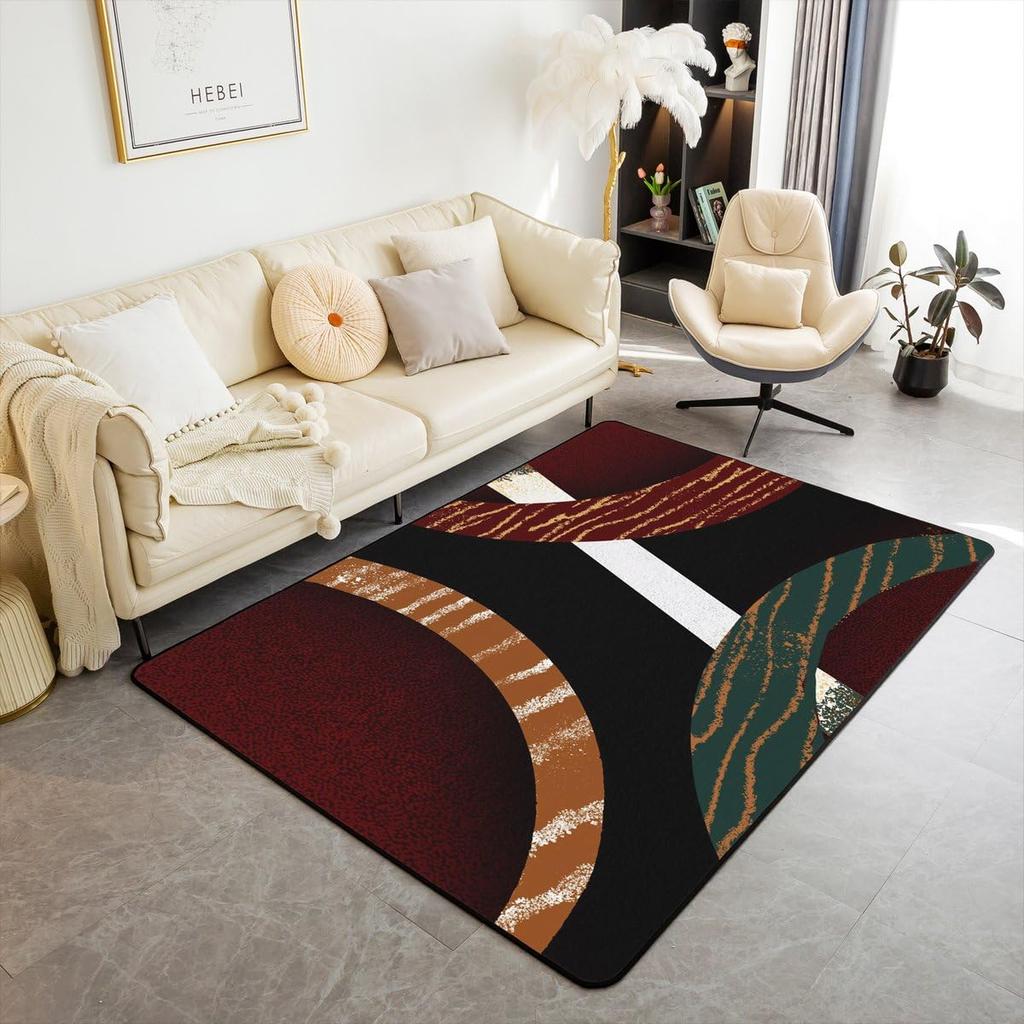 Contemporary Earthy Tone Themed Rug,Red Brown Beige Abstract Wave Non-Slip Floor Mat for Bedroom Living Room Office Decor Carpet