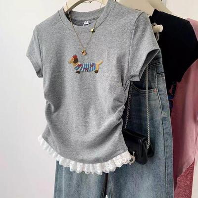 Petite Women's Gray Lace Trim Short Sleeve Fitted T-Shirt - Summer 2025 Style