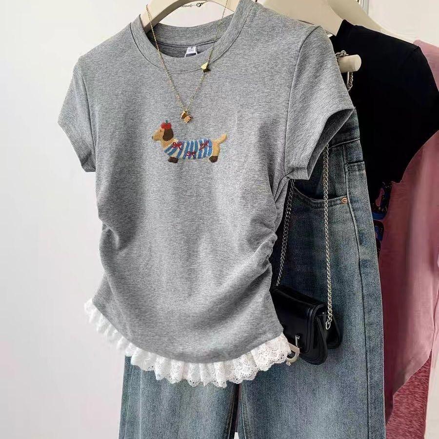 

Жіноча футболка з коротким рукавом та сірим мереживом - Стиль літо 2025 Medium сірий колір