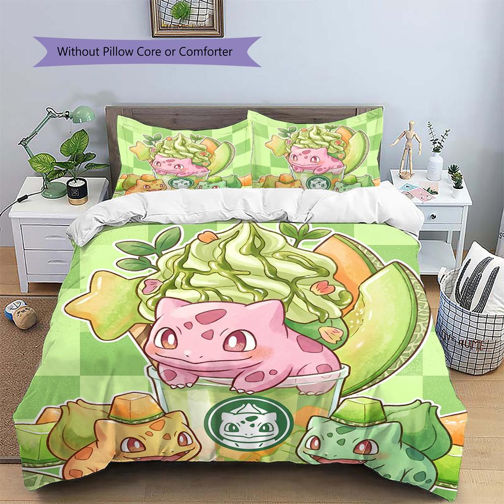 Bulbasaur Pattern Bedding Quilt Set Quilt Cover Pillowcase Home Decoration Birthday Gift (1 * duvet cover + 2 * pillowcase, without core)