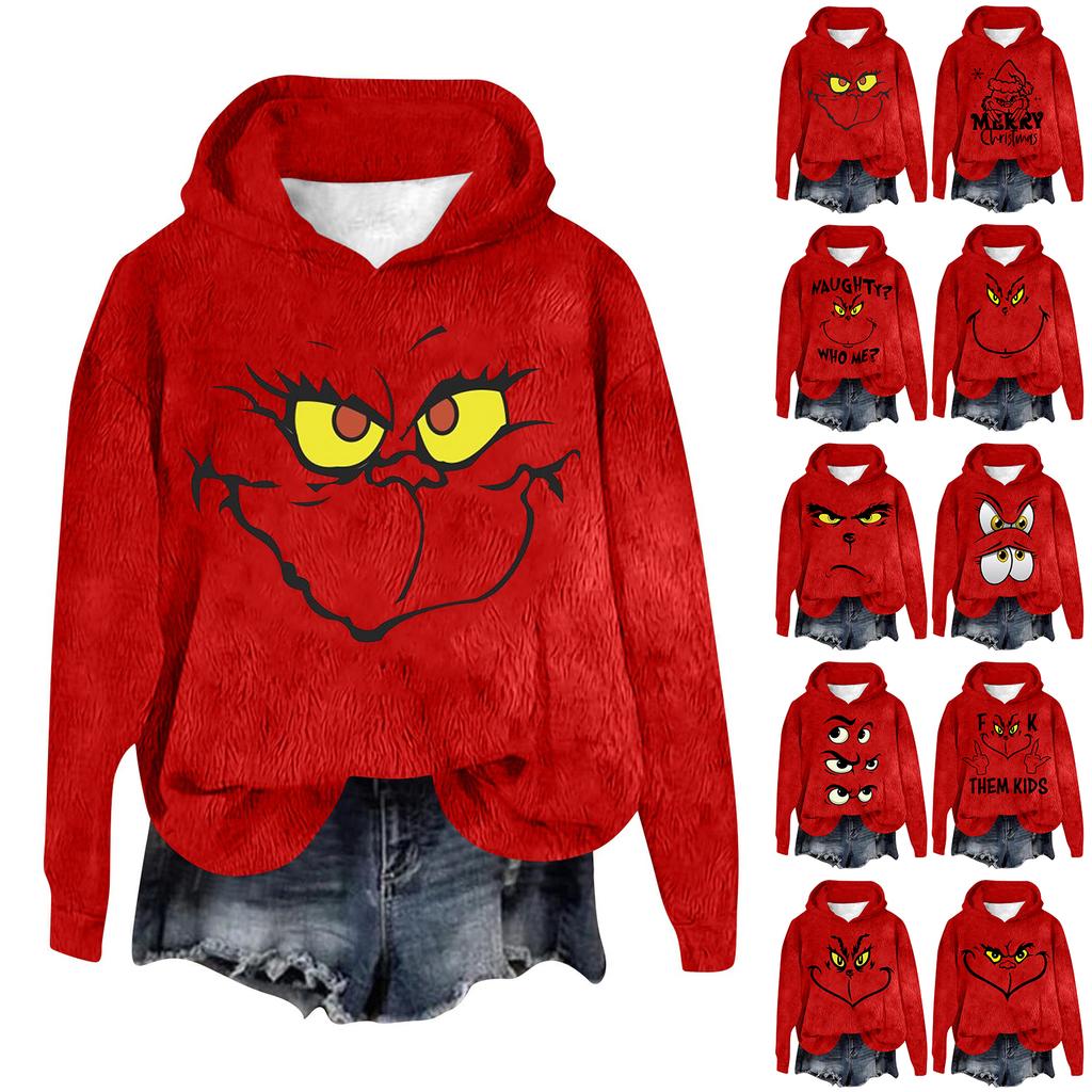 Women's Hooded Long Sleeve Christmas Printed Flannel Top Hooded Sweatshirt