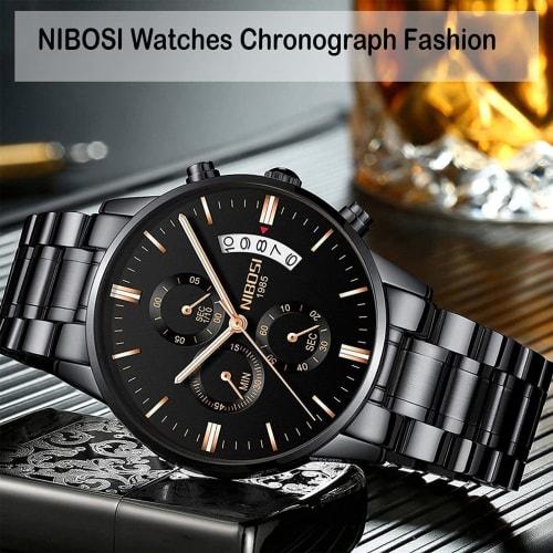 NIBOSI Men's Business Watch, Black, Big Face, Chronograph, Analog, Stylish, Casual, Metal Band, Stainless Steel, Date Display, Fluorescent, Luxury, Fa