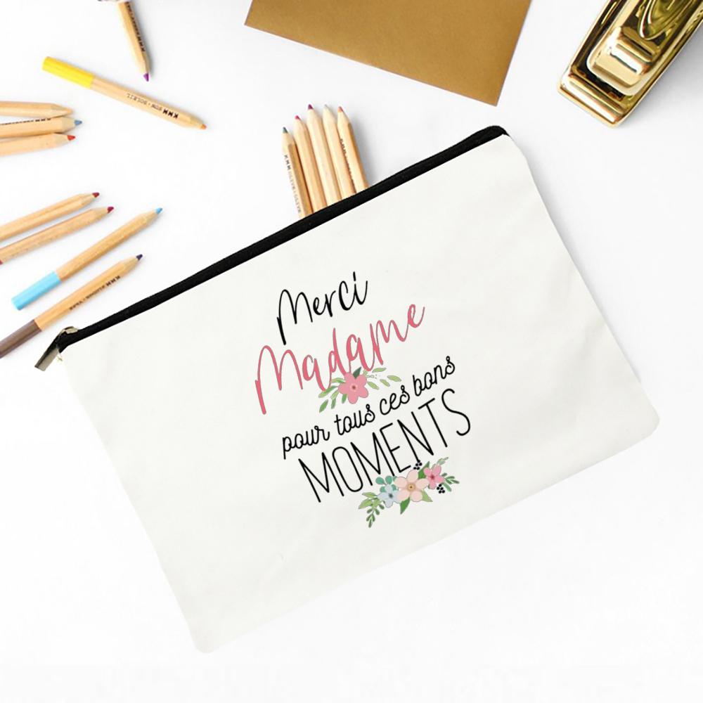 Merci Madame Print Pencil Bag Large Capacity School Stationery Supplies Storage Bags Travel Make Up Bag Year-end Gift for Madame