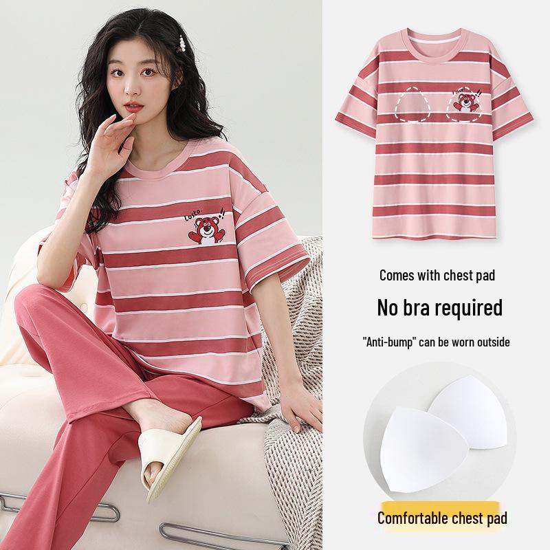 

Женский мультяшный пижамный комплект с коротким рукавом на 2025 год с нагрудными вкладышами - Летняя хлопковая домашняя одежда с длинными брюками XXXL (140-155 jin)