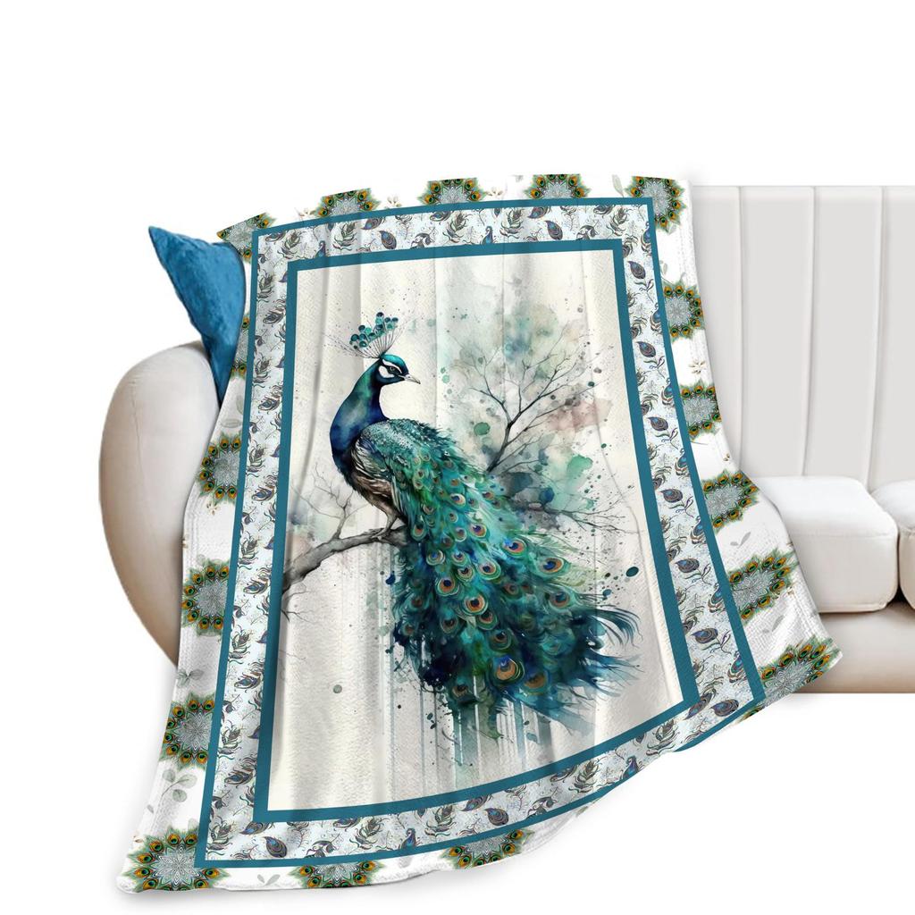 Peacock Pattern Collection Digital-printed Polyester Bedroom Velvet Flannel Cover Blanket Fleece Soft Cover Blankets for Beds