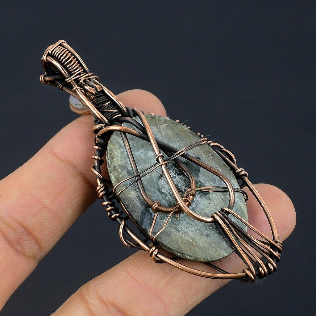 Seraphinite & Moonstone Pendant, 999 Copper Wire Wrapped Gemstone Jewelry, Handmade Evil Eye Pendant, For Thanksgiving
