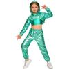Mädchen Langarm-Hoodie mit asymmetrischem Saum, Metallic-Schnitt, Hip-Hop-Jazz-Set, Spaghettiträger-Top und glänzender Hose