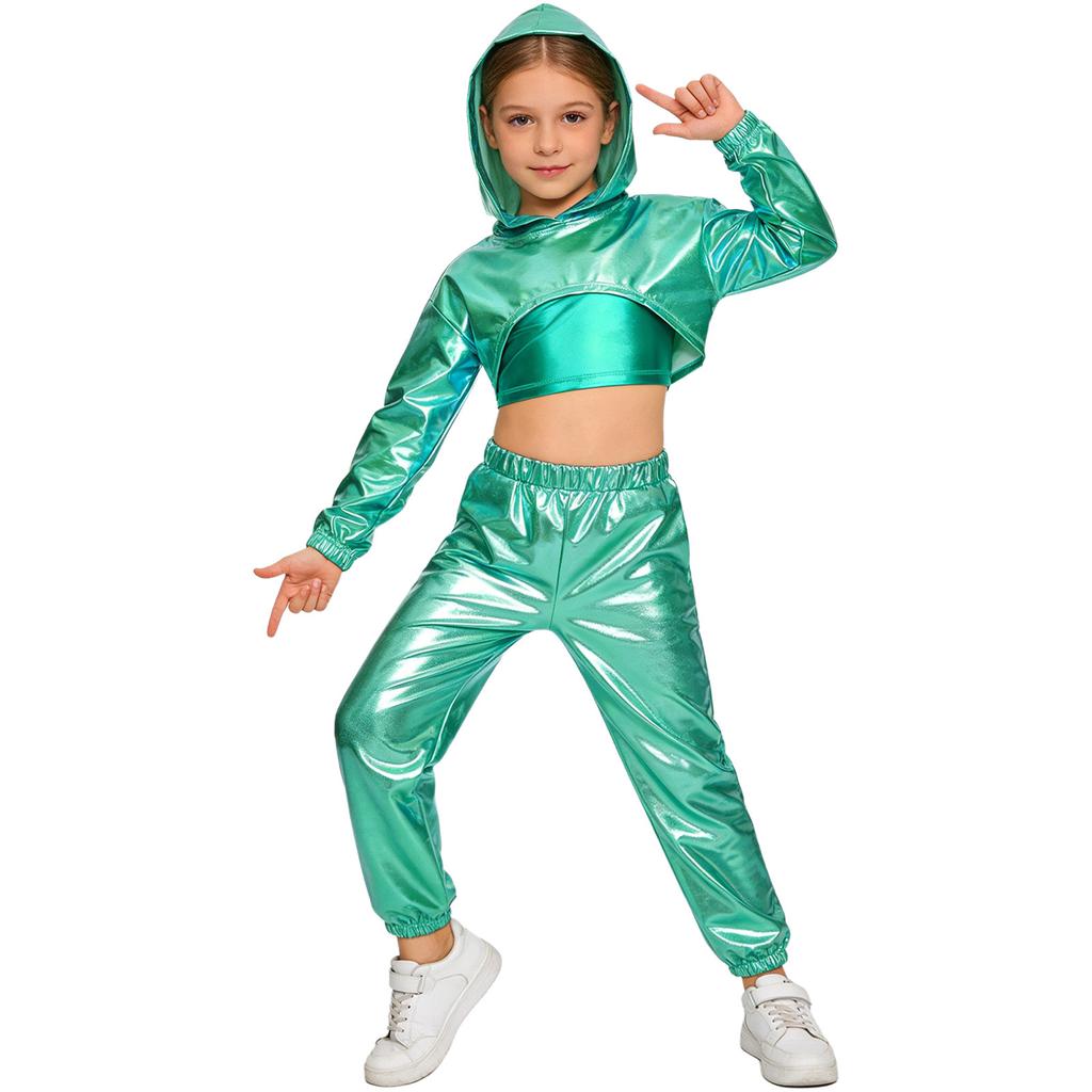 Mädchen Langarm-Hoodie mit asymmetrischem Saum, Metallic-Schnitt, Hip-Hop-Jazz-Set, Spaghettiträger-Top und glänzender Hose