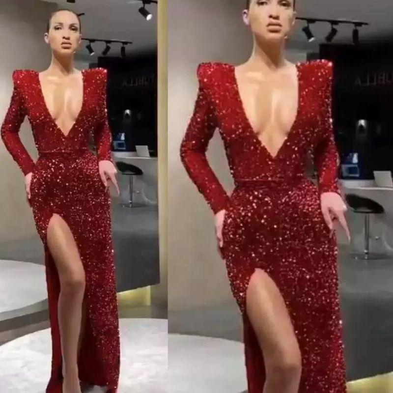 

2025 New Arrival Cross-Border Foreign Trade Women s Independent Stand Party Sexy Sequin Long Sleeves Banquet Dress Trailing Skirt New Arrival Red Dress 2XL