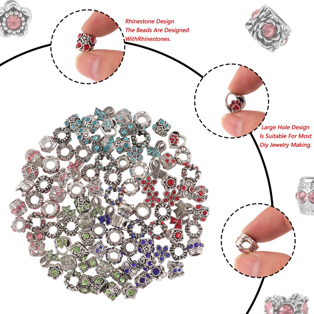 10pcs Colorful Antique Silver Rhinestone Spacer Beads Large-Hole Crystal Glass European-Style Beads for DIY Snake Chain Jewelry