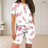 Women Plus Size Blue Rose Floral Printed Round Neck Short Sleeve Two Piece Fitted Shorts Set