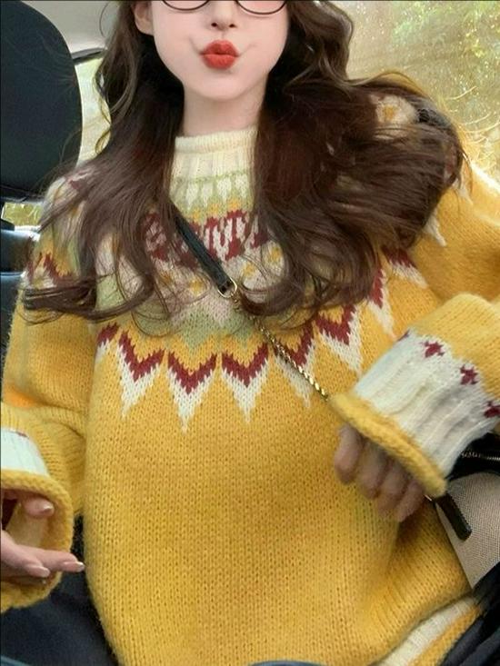 Women's Retro Fair Isle Sweater: Autumn/Winter 2025, Cozy Loose Knitwear, Lazy Style