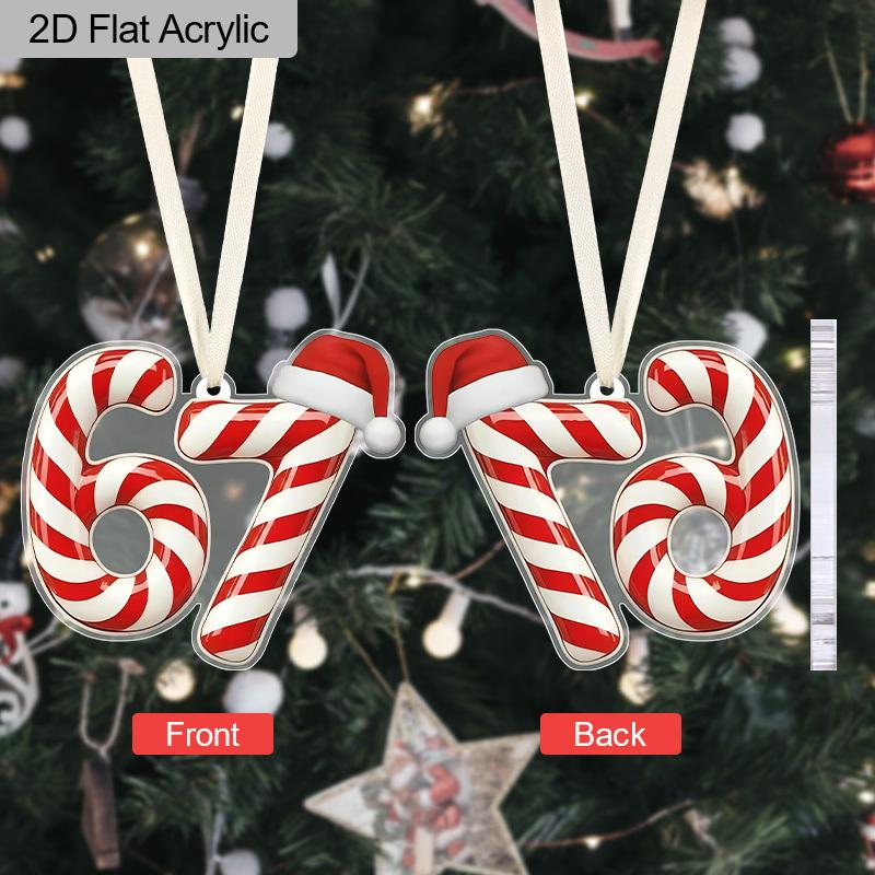 2pcs Number 67 Christmas Ornaments, Candy Cane Festive Pattern, Hanging Decor for Xmas Tree or Car Home Holiday Parties Easy To Hang Christmas Gifts