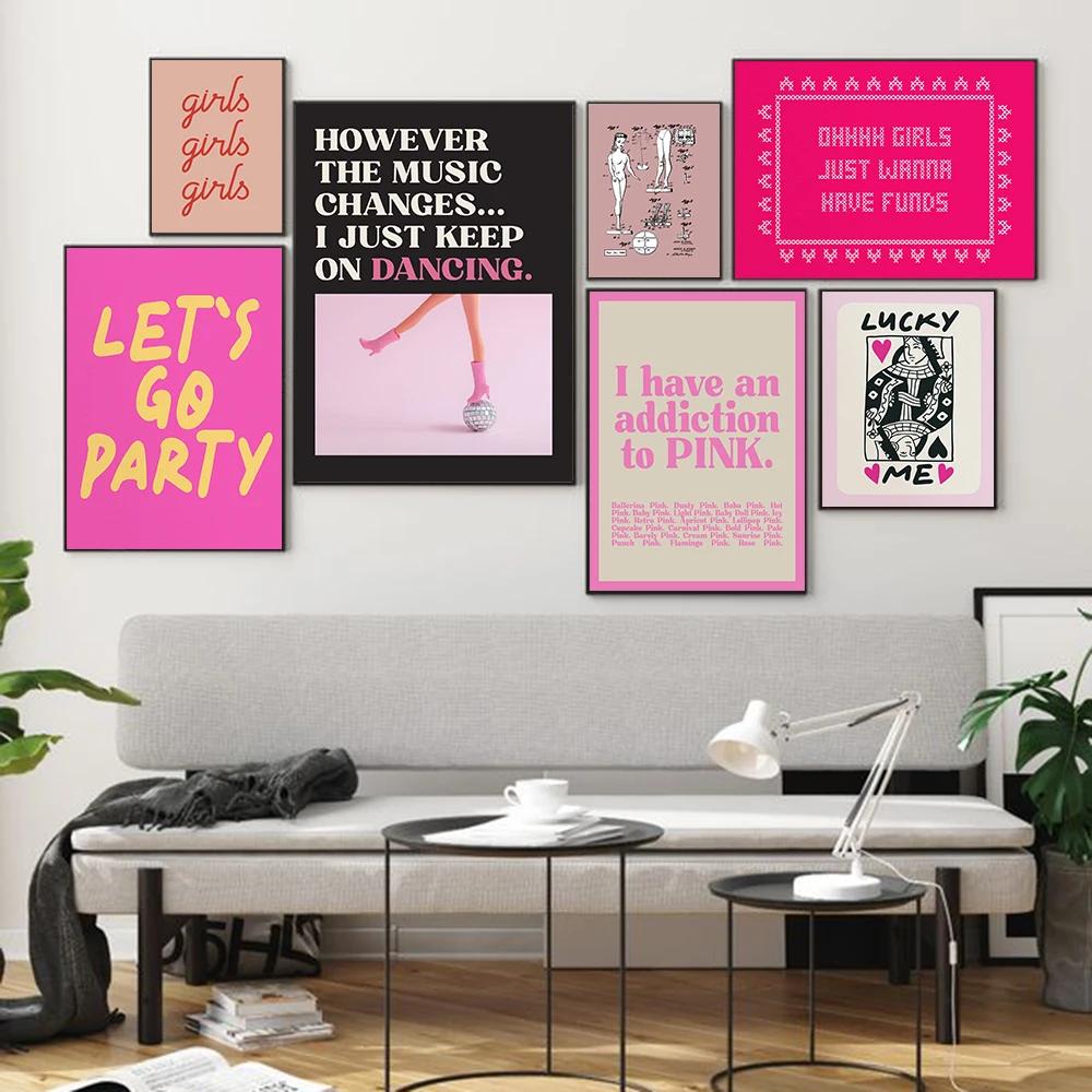 Wandbild, rosa Wanddekoration, trendige ästhetische Retro-Poster und Drucke, Cartoon-Zitat, Wandkunst, Leinwandgemälde für Wohnheimzimmer-Dekor