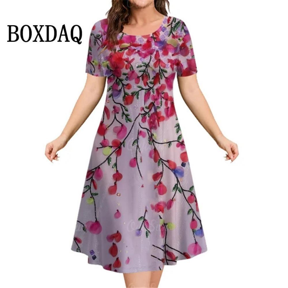 3d Plant Flower Print Women's Dress 2026 Summer Short-sleeved Clothing Casual Loose Retro Dress