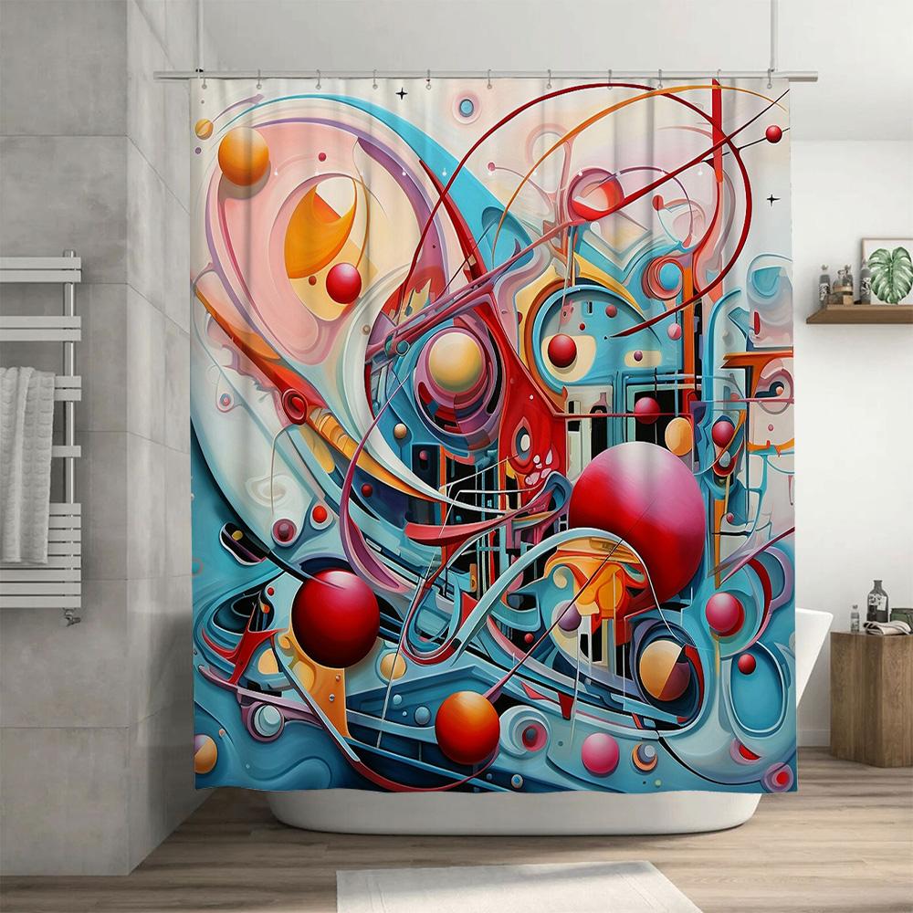 Colorful Space Shower Curtain Modern Bathroom Decor with Red Blue Sphere Design for Home Decoration