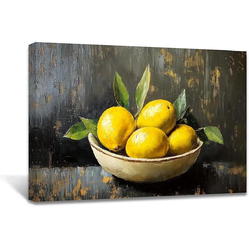 AWPANERAR Lemon Canvas Wall Art Kitchen Picture Citrus Fruit Poster Yellow Lemons in Bowl Painting Vintage Still Life Prints Farmhouse Decor Framed 12L  x 18W
