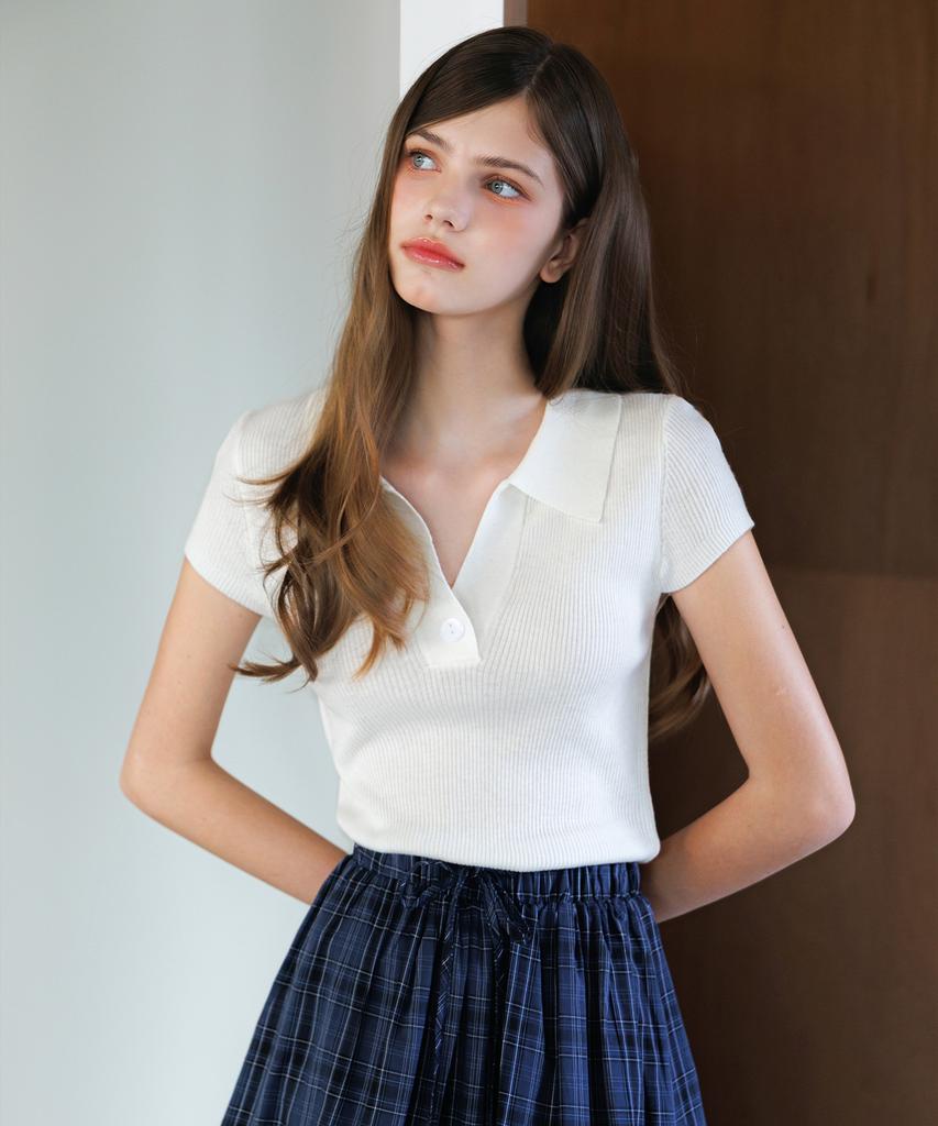 HYFVE Ribbed Collar Button Viscose Short Sleeve Knit
