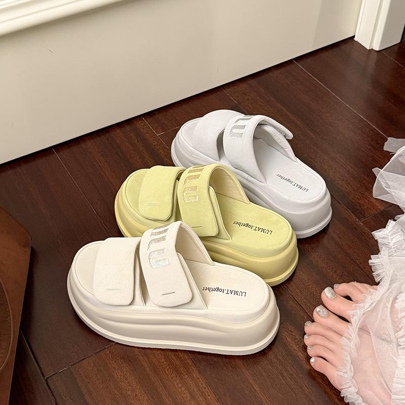 2025 new summer thick-soled heightening shoes one-word slippers women's versatile casual cool slippers Velcro not tired feet