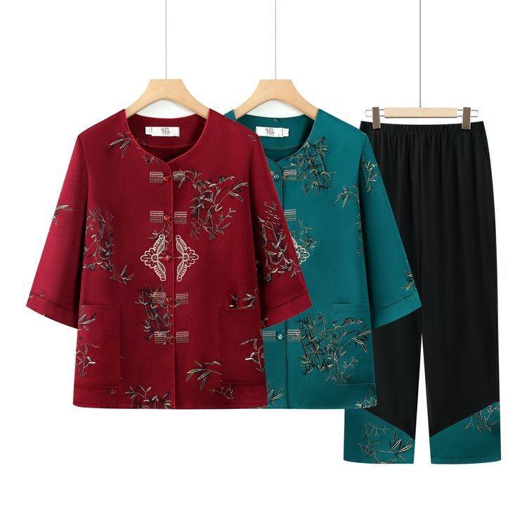 Grandma's Summer Two-Piece Set: Seven-Point Sleeve Shirt for Middle-Aged and Elderly Women