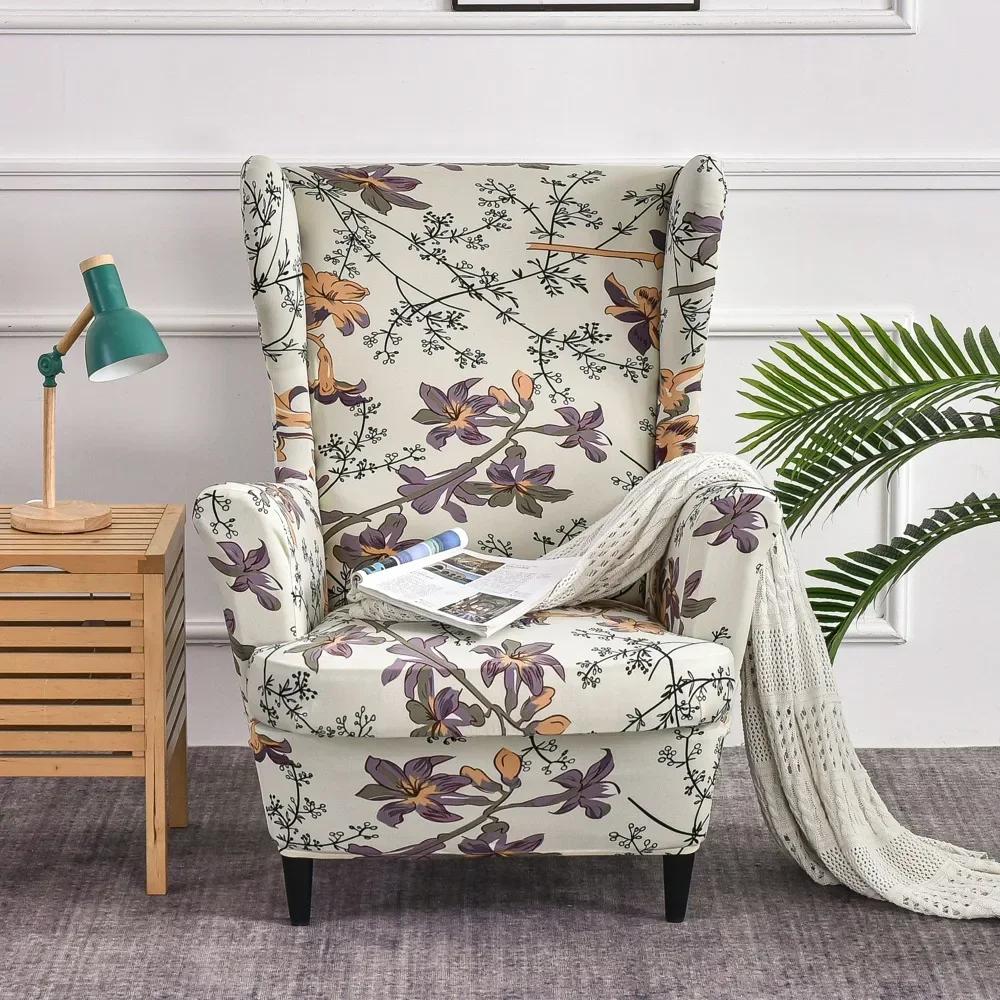 Flower Bohemia Style Wing Chair Cover Stretch Spandex Armchair Slipcover Single Sofa Covers Furniture Protector