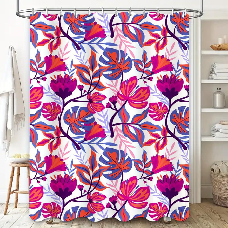 Vibrant Floral Shower Curtain Set Pink Blue Leaves Design For Bathroom Decor Polyester Waterproof Fabric Modern Home Decor Item