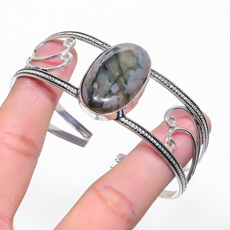 Natural Labradorite Gemstone 925 Sterling Silver Cuff Bangle Adjustable M3o66