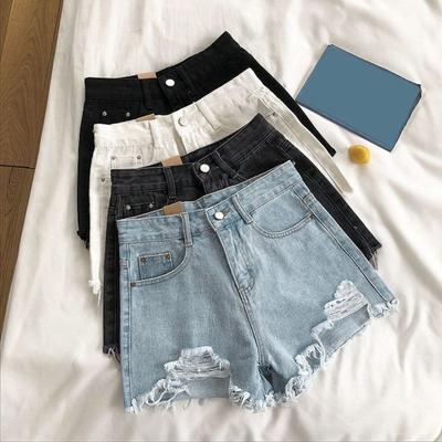 Zomer Dames Denim Shorts Hoge Taille A-lijn Effen Kleur Gescheurde Knoopsluiting Ritssluiting Retro Zakken Slim Fit Boven Knie Lengte Korte Broek