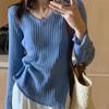 Ruffled Split Designed Solid Color Base Layer Ribbed Thin Inner Wear V-neck Knit Top