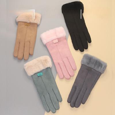 Winter Female Cashmere Warm Suede Leather Cycling Mittens Double Thick Velvet Plush Wrist Women Touch Screen Driving Gloves