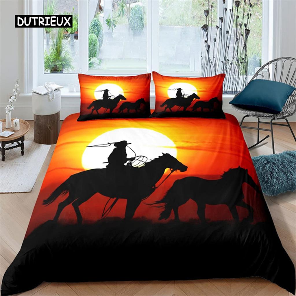 Western Cowboy Duvet Cover Rodeo Cowboy Riding Bull Horse Bedding Set Full For Boys Teen Microfiber Farmhouse Style Quilt Cover